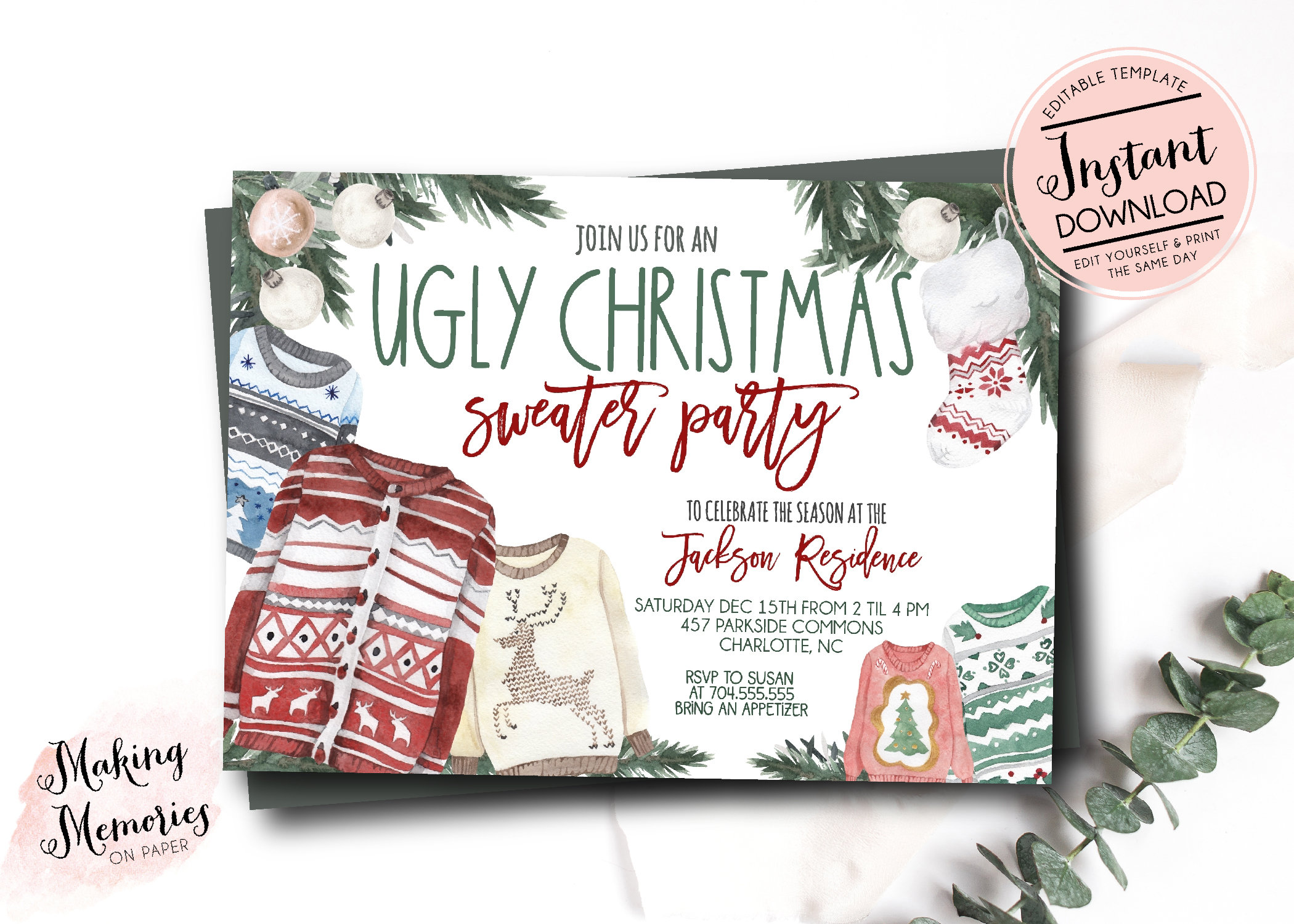 ugly sweater party invitation template, holiday party invitation