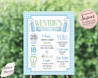 Editable Golf Milestone Poster, Golf Milestone Template, Golf First Birthday Party, blue gingham golf chalkboard, golf stats sign, decor