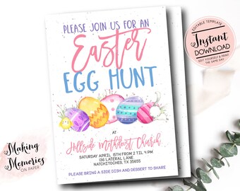 Easter Egg hunt invitation,  Church easter egg hunt invite, easter invite, Easter egg hunt, INSTANT download edit yourself, Template