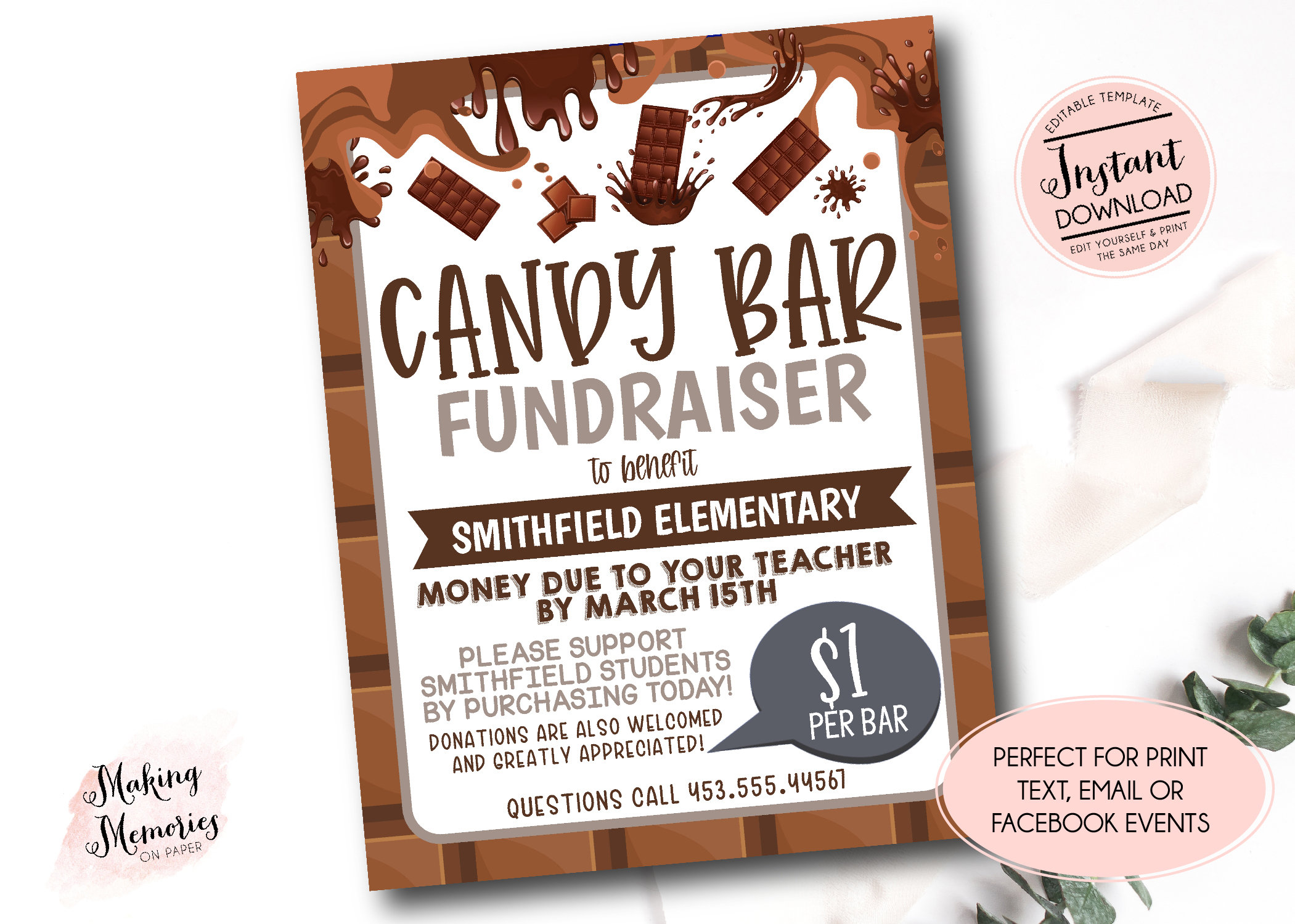 Candy Bar Sale flyer, Chocolate Candy Flyer, School Fundraiser, PTO PTA