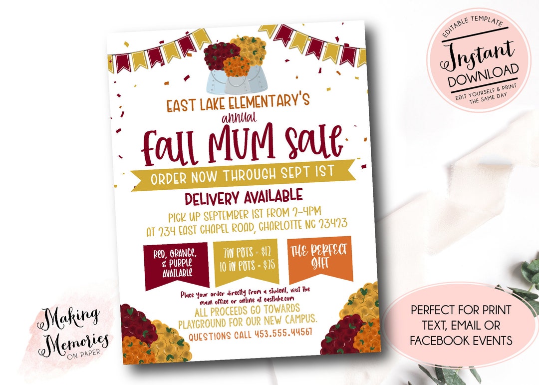 Mum Sale Fundraiser Template, Fall Fundraiser Flyer, Thanksgiving Fundraiser Flyer, Holiday