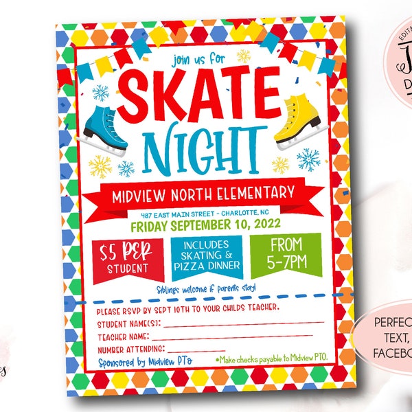 Ice Skate Night Flyer, PTO Fundraiser, School  Ice Skating Night Editable Invitation, Ice Skating Fundraiser,  PTO fundraiser Flyer