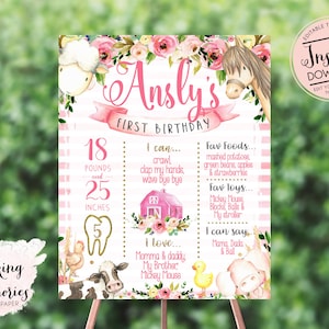 Farm Birthday Milestone Poster, About me Poster, Pink Memory Board, Milestone Poster, Chalkboard, Pink about me poster, memory yellow