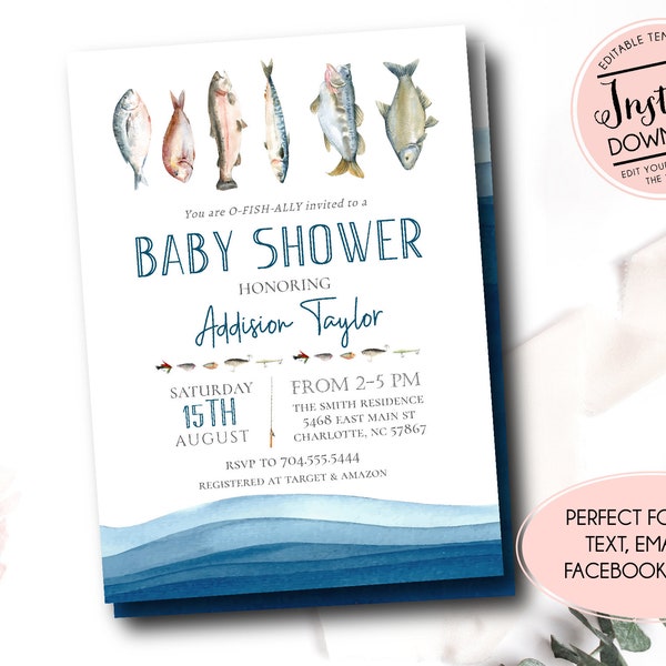 Fishing Baby Shower Invitation, Editable Fishing baby shower Template, Reel Excited It's a Boy,  Editable Baby Shower, O-fish-ally invite