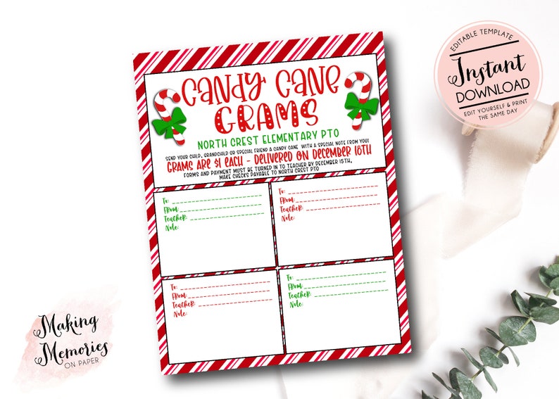 Christmas Candy Gram Template Candy Cane Gram School Candy Etsy Christmas Candy Gram Template Candy Cane Gram School Candy Etsy