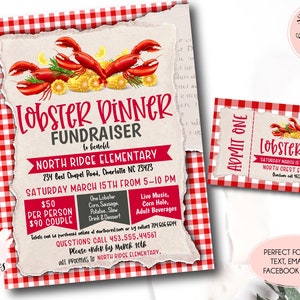 Hummer-Spendenaktions-Flyer, bearbeitbarer Hummer-Koch-Spendenaktions-Flyer und Ticket, Kirche-Schule-Wohltätigkeit, Seafood-Benefit, Hummer-Abendessen