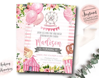 Pink Carnival Birthday Invitation, Girl Circus Birthday Invitation, Edit yourself instant download circus invite, Circus first birthday