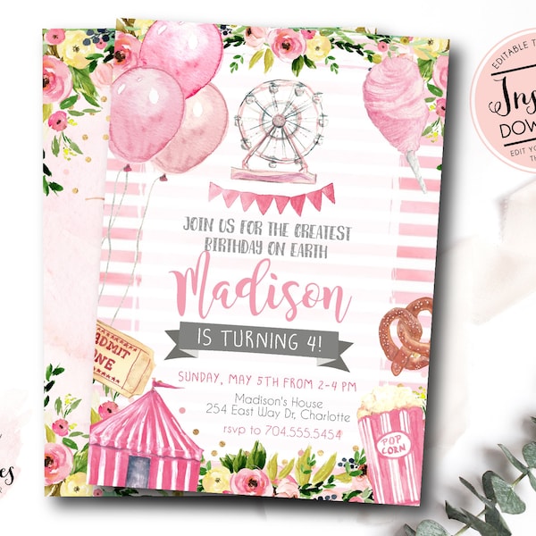 Pink Carnival Birthday Invitation, Girl Circus Birthday Invitation, Edit yourself instant download circus invite, Circus first birthday