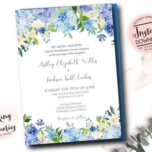 Blue Hydrangea Wedding Invitation, Hydrangea Wedding Invitation, Hydrangea Wedding, blue watercolor, Edit yourself Instant Download Template