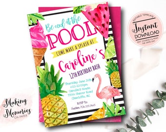 Pool Party Invitation, Tropical Pool Party, Birthday Invitation, Instant Download, Editable, Summer, Tropical, Hawaiian, Swimming