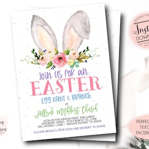 Op de afbeelding: Een paasevitation met konijnenoren en bloemmotieven. De uitnodiging luidt "Join us for an Easter Egg Hunt & Brunch at Hillside Methodist Church. Join us for an egg hunt and lunch Saturday April 15th from 12 til 2 pm 136 Lateral Lane - Natchitoches, TX 35655. Please bring a side dish and dessert to share."