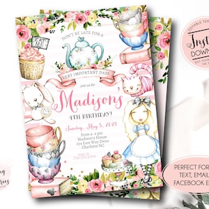 Alice in Wonderland Birthday Invitation, Alice In Onederland, 1st Birthday Invitation, Alice In ONEderland, editable Mad hatter, rabbit hole