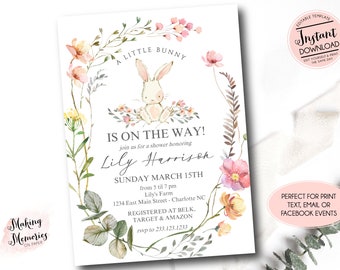 Editable bunny baby shower invitation, Wildflower Shower, Spring girl baby shower, easter invitation, Editable Bunny invite, little bunny