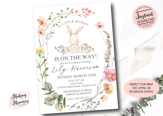 Editable bunny baby shower invitation, Wildflower Shower, Spring girl baby shower, easter invitation, Editable Bunny invite, little bunny