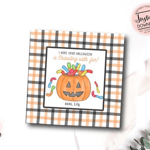 Halloween Gummy Worm Tag, Printable Candy Halloween favor Tag, Halloween Favor Tag Template, Digital Halloween Class Treat tag,