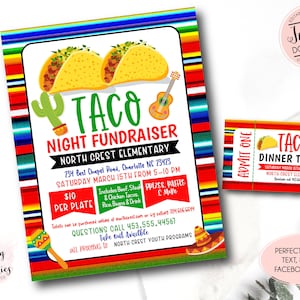 Taco Dinner Flyer, bearbeitbare mexikanische Nacht-Spendenaktion einladen, pto pta Church School Charity-Spendenaktion, Taco-Abendessen-Karte, Taco-Spendenaktion