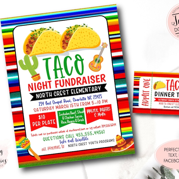 Taco Dinner Flyer, Editable Mexican Night fundraiser invite, pto pta Church School Charity fundraiser, Taco dinner ticket, Taco Fundraiser