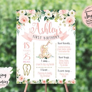 Bunny Milestone poster, Pink Floral Birthday Chalkboard Poster, About me Poster, Memory Board,  Pink about me poster, memory poster et3