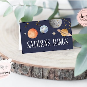 Editable Outer Space Food Tent cards, First trip around the sun food labels, Blast Off party food cards, Space Menu Items, galaxy labels