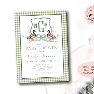 Duck Baby Shower Invitation, Mallard Duck Baby shower invite, duck hunting shower, Edit yourself Instant Download, Crest Monogram Invitation