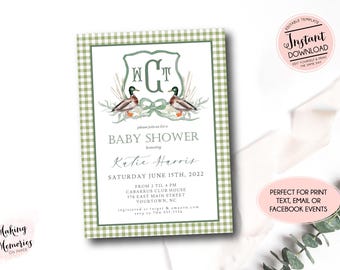 Duck Baby Shower Invitation, Mallard Duck Baby shower invite, duck hunting shower, Edit yourself Instant Download, Crest Monogram Invitation