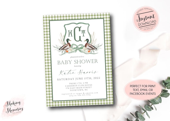 Duck Baby Shower Invitation, Mallard Duck Baby shower invite, duck hunting shower, Edit yourself Instant Download, Crest Monogram Invitation
