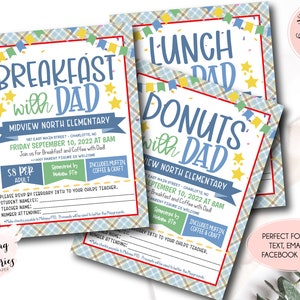 Donuts with Dad invitation, Breakfast with Dad Flyer, School Breakfast day event, Muffins with DAd, Lunch with DAD flyer, PTo pta school
