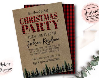 May include: A Christmas party invitation with a kraft paper background. The text "CHRISTMAS PARTY" is in red and black plaid. The invitation includes event details and a call to RSVP.