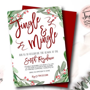 May include: A white invitation card with the words "Jingle & Mingle" in red script, decorated with watercolor greenery and berries. The card includes event details and a phone number. A red envelope is behind the card.