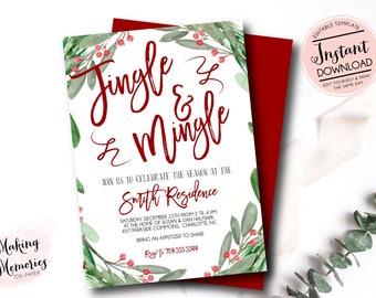 Jingle and Mingle Christmas Party Invitation, evergreen Editable Holiday Party Invitation,  Edit yourself Instant Download, Christmas set