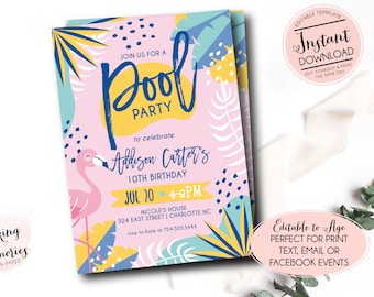 Pool Party Invitation, Adult Pool Party Invitation, Kids Pool Birthday Invite, Summer Birthday, Pool Invite, INSTANT download, Template