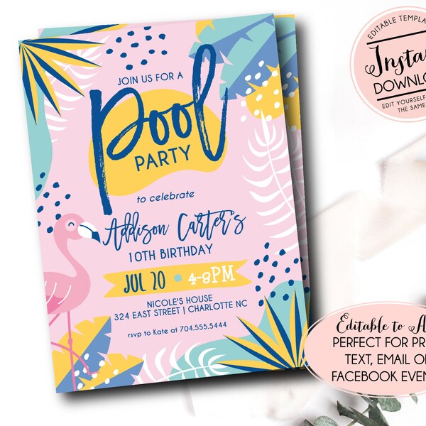 Pool Party Invitation, Adult Pool Party Invitation, Kids Pool Birthday Invite, Summer Birthday, Pool Invite, INSTANT download, Template