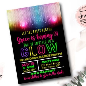 Glow in the dark invitation, glow invite, glow invitation, Just Dance, Dance Party, TWeen, Template, Instant download, Teen invite, dance