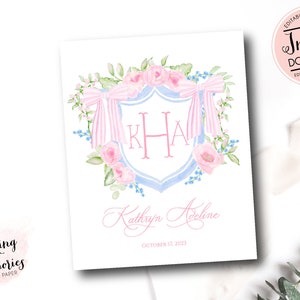 Printable Watercolor Monogram Crest, Hospital Door Sign, Bassinet, girl Nursery art, Floral Hospital Sign, Girl Monogram & Name, birth stats