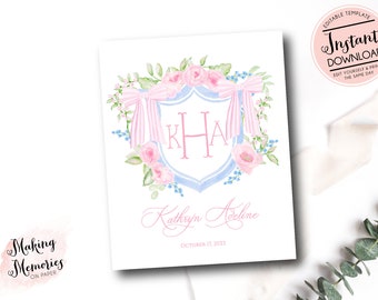 Printable Watercolor Monogram Crest, Hospital Door Sign, Bassinet, girl Nursery art, Floral Hospital Sign, Girl Monogram & Name, birth stats