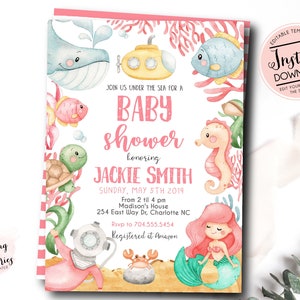 Under the sea baby shower invitation, girl ocean baby shower, sea baby shower invitation, pink ocean baby shower, editable instant download