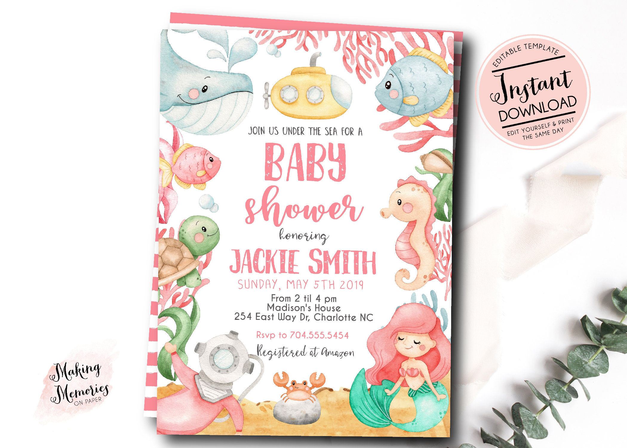 Under The Sea Baby Shower Invitation Girl Ocean Baby Shower Etsy