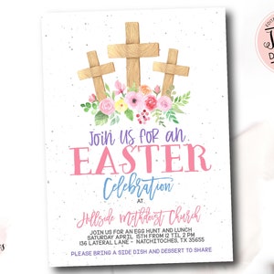 May include: Printable Easter invitation with a watercolor floral design and three wooden crosses. The invitation reads "Join us for an Easter Celebration at Hillside Methodist Church" and includes details for an egg hunt and lunch.
