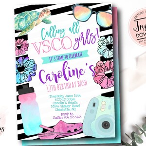 VSCO birthday Party Invitation, VSCO Party, VSCO Girl Invitation, 90&#39;s girl birthday, scrunchie, Tween Birthday Invite, Editable instant