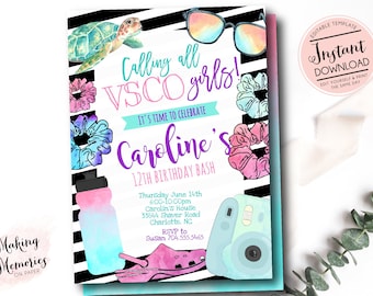 VSCO birthday Party Invitation, VSCO Party, VSCO Girl Invitation, 90's girl birthday, scrunchie, Tween Birthday Invite, Editable instant