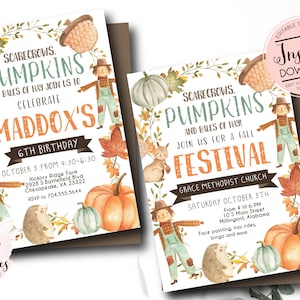K&ouml;nnte beinhalten: Zwei Einladungen zum Thema Herbst mit Aquarellillustrationen. Eine zeigt "Maddox's 6. Geburtstag" mit K&uuml;rbissen, Vogelscheuchen und Bl&auml;ttern. Die andere zeigt "Herbstfest" mit &auml;hnlichen Grafiken.