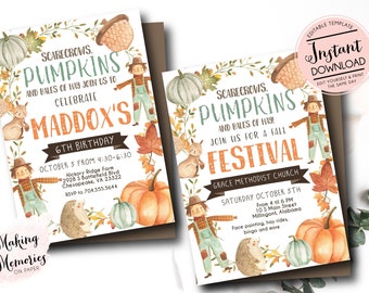 May include: Two fall-themed invitations with watercolor illustrations. One says "Maddox's 6th Birthday" with pumpkins, scarecrows, and leaves. The other says "Fall Festival" with similar graphics. Both have event details.