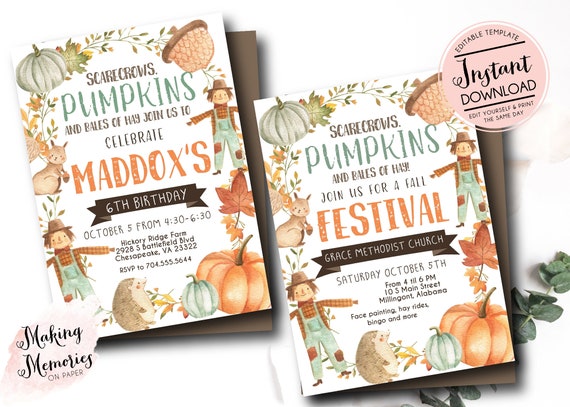 Fall Festival Invitation, School fall Festival Invite, church fall Festival Invitation, Edit yourself instant download, Church fall fest