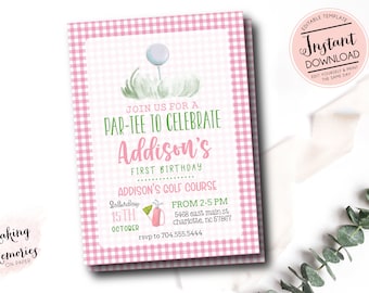 Golf Birthday Invitation Template, Pink Golf First Birthday Invitation, editable  girl golf Invite, Let's Par-Tee, girl golf birthday invite