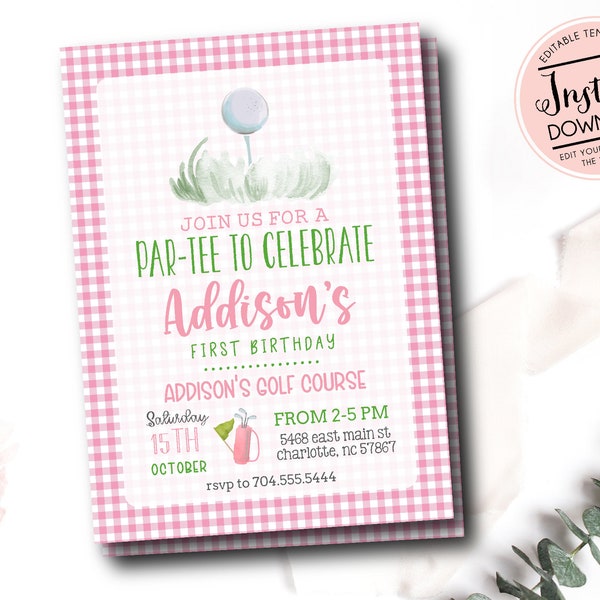 Golf Birthday Invitation Template, Pink Golf First Birthday Invitation, editable  girl golf Invite, Let's Par-Tee, girl golf birthday invite