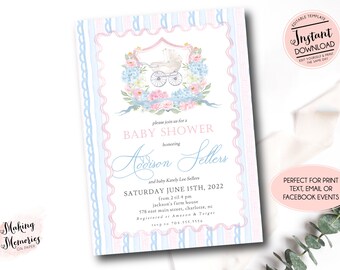 Twins Baby Shower Invitation, twin boy and girl baby shower invite, Pink and blue baby shower invitation, baby carriage INSTANT download