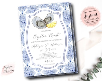 Oyster Roast Invitation, Oyster Roast Engagement, blue tile, Oyster Roast and Toast, Edit yourself Instant download, couples shower
