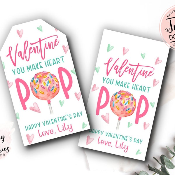 Editable cake pop valentine Tag, Cake Pop Valentines day Card, School Valentine card, You make my heart pop valentine, Sweets valentine card