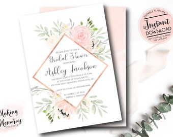 Pink Bridal Shower Invitation, Pink Roses, Watercolor Flower invitation, Floral Invitation, Shower Invite, Floral Invite, blush, shower