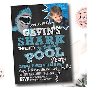 May include: A blue and white shark pool party invitation with a cartoon shark and a photo of a boy in a pool. The invitation says "Join us for Gavin's Shark Infested 4th Birthday Pool Party!" and includes the date, time, and location of the party.